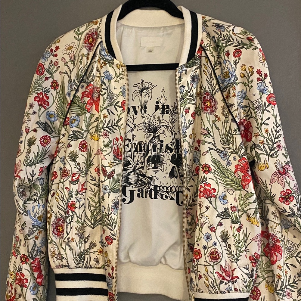 MOTHER Floral Embroidered Ivory Bomber Jacket with Red, Green, Blue Accents - Picture 2 of 7